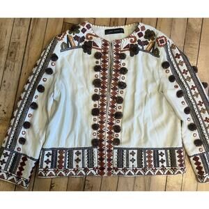 Zara Woman Embroidered Boho Jacket Cream Folk Art Pom Pom Medium